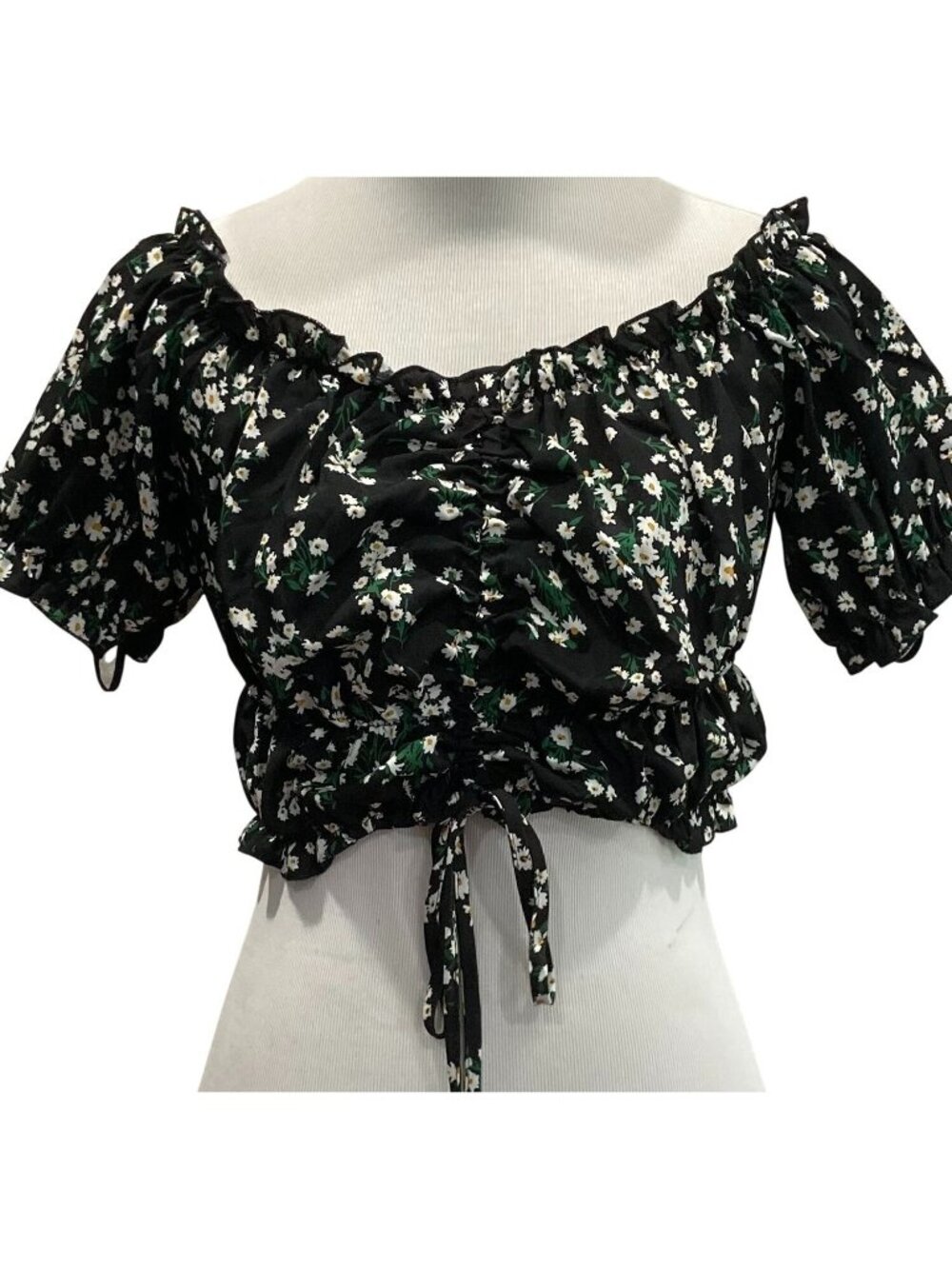Shein Ditsy Floral Crop Top M Black Off Shoulder Fairy Grunge Romantic Coquette